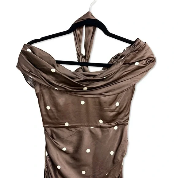 LPA Luisa Midi Dress Brown & CreamPolka Dot satin Revolve NWT XS